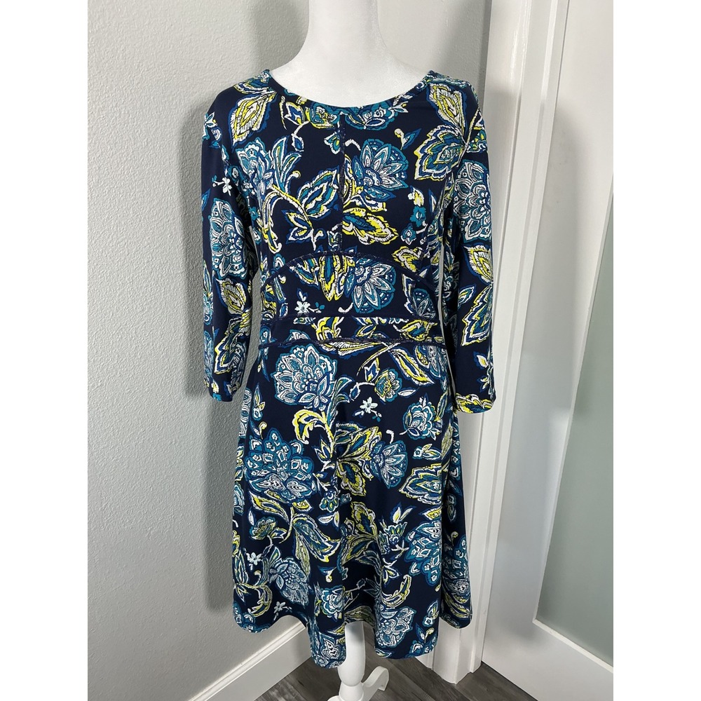 Title Nine Dream 3/4 Sleeve Knit Dress Multi-Color Navy Paisley Size M